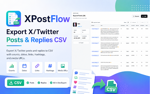 XPostFlow - Export Twitter/X Posts & Replies CSV :: Export X/Twitter posts and replies to CSV with counts, dates, links, hashtags, and media URLs. Free local export; no signup.