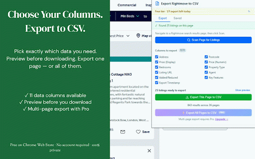 Export Rightmove to CSV :: Export Rightmove listings to CSV/XLSX/JSON/HTML. Deep scrape details. Save, tag & track price changes locally.