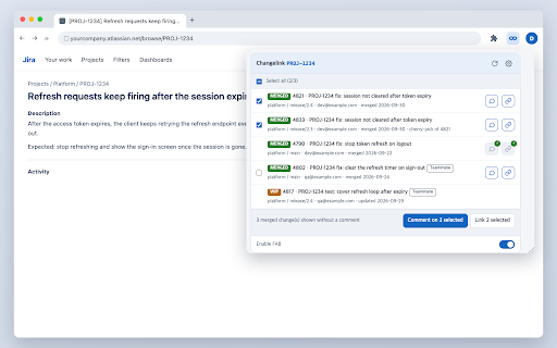 Changelink for Gerrit and Jira Cloud :: Look up, link, comment on and transition Jira issues straight from the Gerrit change page.