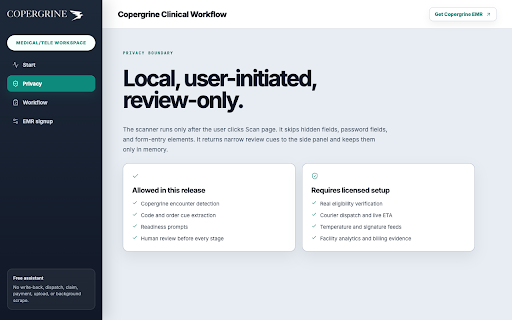 Copergrine Clinical Workflow :: Free encounter QA beside your EMR. Review visible coding, documentation, eligibility, and order cues locally.