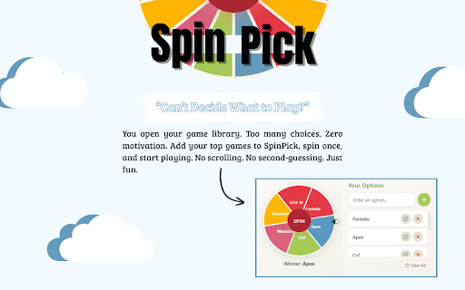 SpinPick - Lucky Wheel Chooser :: Spin the wheel to make decisions! Add your options and let fate decide with a fun, interactive lucky wheel.