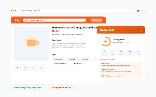 Etsy SEO Scorecard - ListingFix :: Score Etsy listings on title, tags, photos, description, and attributes. Get prioritized SEO fixes on the page.