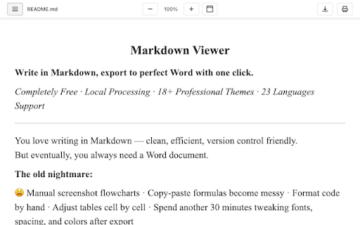 Markdown Viewer :: View Markdown files with syntax highlighting and smart export tools