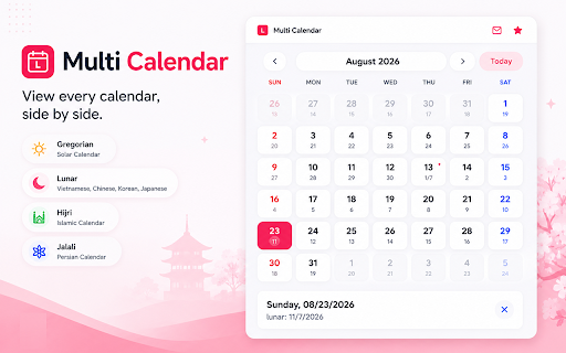 Multi Calendar — Lunar / Hijri / Jalali :: Multi-country calendar: Gregorian + Lunar (VN/CN/KR/JP), Islamic Hijri, Persian Jalali. 11 languages, dark mode, RTL.