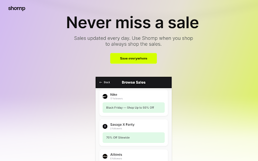 Shomp - See Sales While You Shop :: Never miss a sale. Shomp shows you sales on the site you're browsing, plus related deals at similar stores you might otherwise miss.