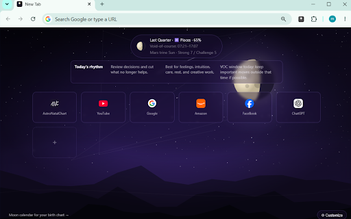 Moon Speed Dial — New Tab Start Page :: A clean speed-dial start page for your favorite sites, with today's Moon phase, sign and daily guidance on top.