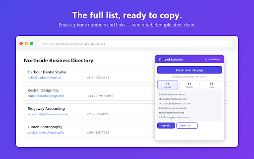 Lead Extractor - Emails, Phones & Links by MiniWebtool :: Pull every email, phone number and link off the page you're on - one click, no copy-paste. Pay once, no subscription.