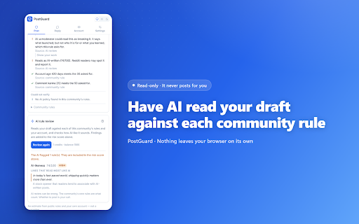 PostGuard for Reddit :: Check a community's rules and your account before you post, every reason sourced. It never posts for you.