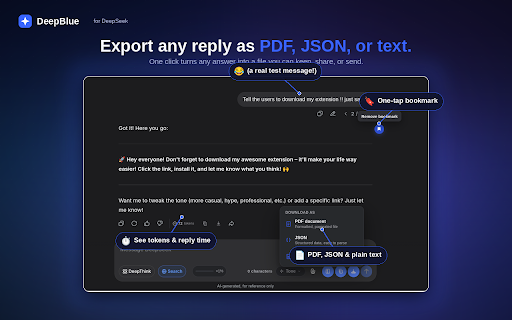 DeepBlue for DeepSeek: Search, Folders & Export :: Supercharge DeepSeek chat: search, folders, bookmarks, tone picker, token/context counters & PDF/JSON export.