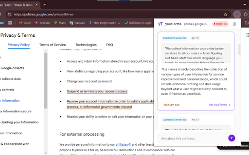 yourTerms — Legal Transparency Agent :: Understand what you're agreeing to before you click Accept. Instant GDPR analysis of Terms & Conditions.