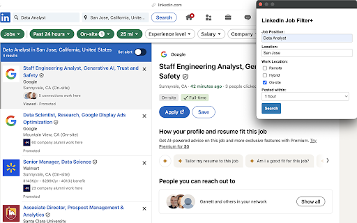 LinkedIn Job Filter :: Filter and search LinkedIn job postings faster with enhanced controls by job title, location, type, and post time.