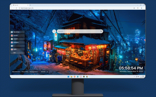 Snowy Night Lofi City Live Wallpaper :: Cozy Japanese street shop glowing warmly in snowy night with lanterns and city view.
