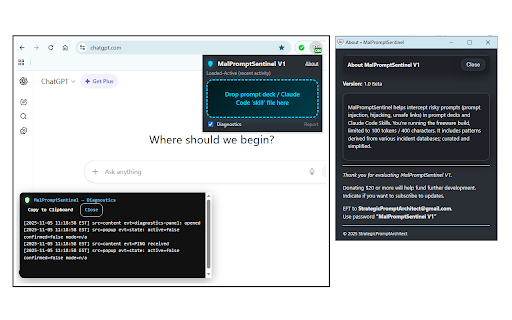 MalPromptSentinel V1 :: MalPromptSentinel protects against prompt injection, credential leaks, and unsafe prompts in AI chat tools and `skill' files.