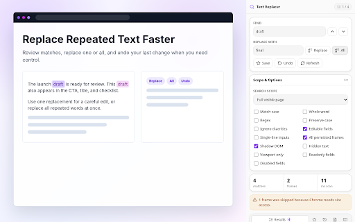 Text Replacer: Find & Replace Anywhere :: Find and replace text on any web page: page content, inputs, forms & emails. Word replacer with match case, whole word & regex.