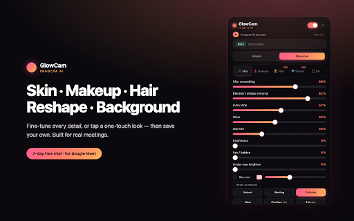 GlowCam: AI Beauty Filter for Zoom, Meet & Teams :: Real-time AI beauty filter for Zoom, Google Meet & Teams. Smooth skin, makeup, hair, reshape & background — 100% on-device.