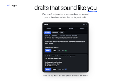 Argus - grow on X :: Grow on X: reads your own X analytics, ranks who to reply to, and drafts replies in your voice. Nothing automated, you press send.