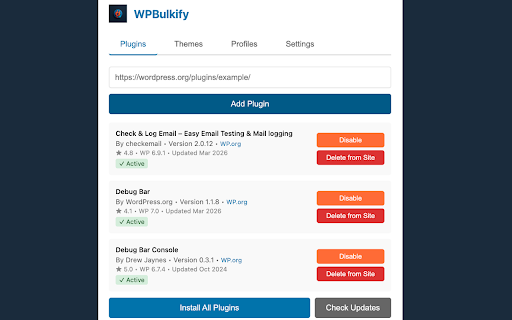 WPBulkify :: Bulk install plugins & themes, save reusable profiles, and launch instant WordPress Playground previews — all from your browser.