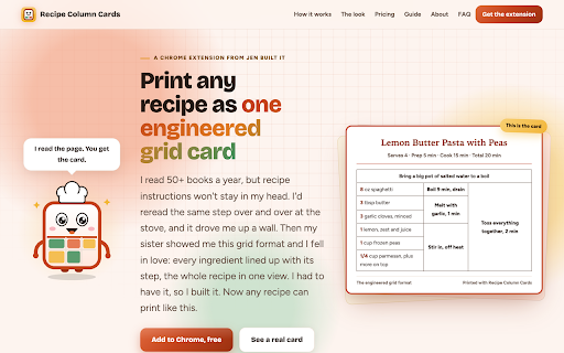 Recipe Column Cards - Print a Recipe Card on One Page :: Print any recipe as a one page card, with every ingredient lined up next to its step. A layout some cooks find easier to read.