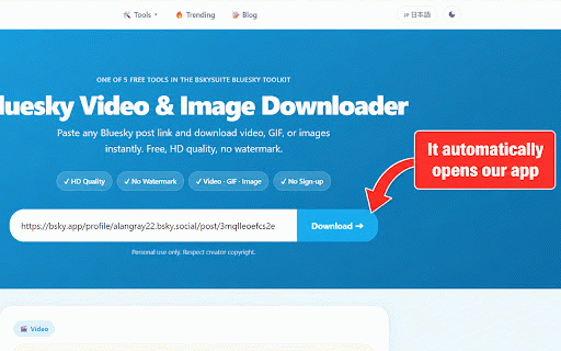 Bluesky Media Downloader :: Download Bluesky videos, GIFs, and images in one click, straight from your feed. Free, no watermark, no sign-up.