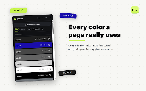 F12 :: Inspect elements, edit CSS live, and extract fonts, colors & assets from any page. One shortcut, no DevTools. 100% local.