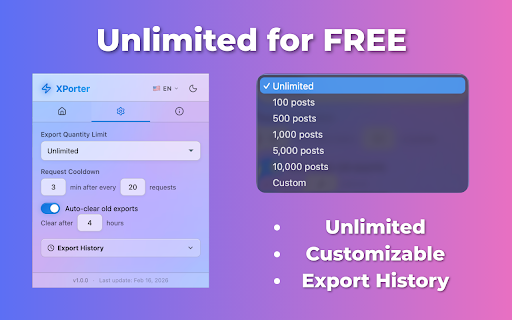 XPorter — Free X/Twitter Export: Posts, Followers · CSV/JSON/XLSX :: Export posts, followers & following from any X (Twitter) profile to CSV, JSON, Excel. Free, unlimited, 100% private. 14 languages.