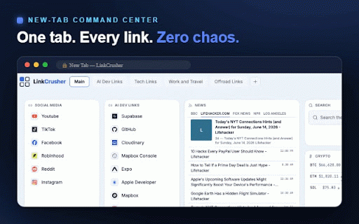 LinkCrusher New Tab Page and Dashboard :: Turn every new tab into a custom start page: organize links & bookmarks, add weather, news & stock widgets, themes, and cloud sync.