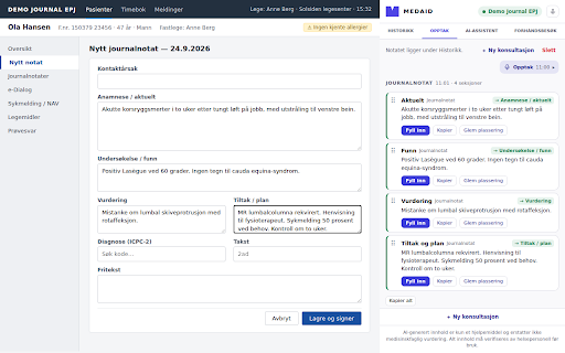MedAid Journal Companion :: Opptak, AI-notat og AI-assistent i et sidepanel ved journalsystemet. Dra resultatet rett inn i feltene.