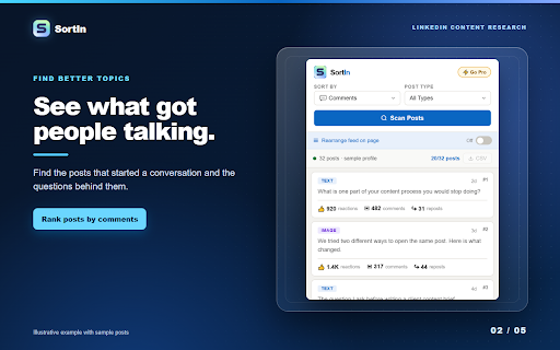 SortIn: Sort LinkedIn Posts by Likes & Comments :: Plan LinkedIn content with better examples. Sort posts by reactions, comments and reposts. Export your research