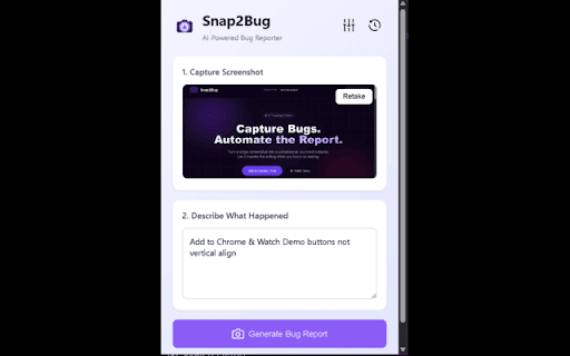 Snap2Bug - AI Bug Reporter :: AI-powered bug report generator using Gemini API. Capture screenshots and generate professional bug reports instantly.