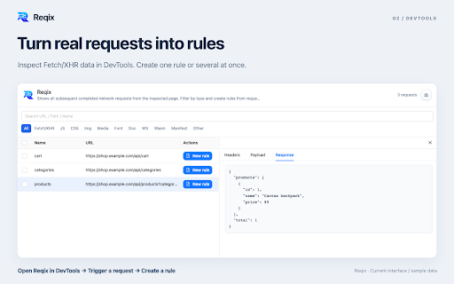 Reqix – API Mock & HTTP Request Modifier :: Mock APIs from DevTools requests. Modify requests and responses, redirect URLs, and debug locally without an account.