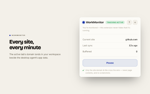 WorkMonitor — Workforce Visibility :: Reports the active site's domain to your WorkMonitor workspace — complementing the desktop agent. Always shows you're monitored.