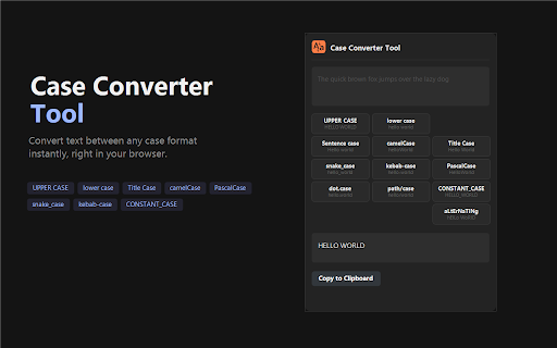Case Converter Tool :: Convert text between UPPER CASE, lower case, Title Case, Sentence case, camelCase, PascalCase, snake_case, kebab-case and more.