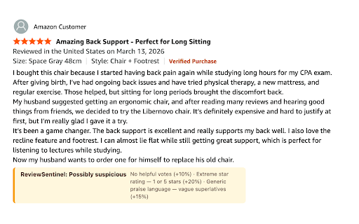 ReviewSentinel :: Overlay fake-review trust scores on Amazon product pages.