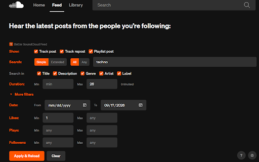 Better SoundCloud Feed :: Filter your SoundCloud feed and tag pages by date, duration, likes, plays, artist, title and more.