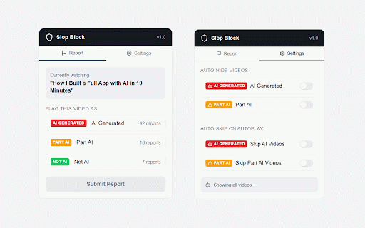 Slop Block :: Community-powered flags for AI-generated YouTube videos. Report and filter AI slop.