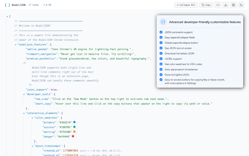 NodalJSON – Fast and Beautiful JSON viewer and formatter :: A fast, beautiful JSON viewer with tree navigation, JSONC support, color swatches, epoch hints, and smart copy actions.