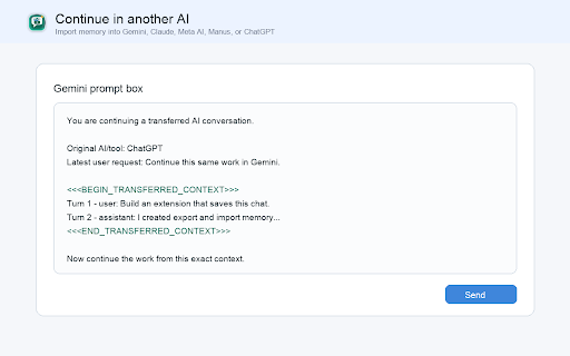 AI Chat Save & Import :: Transfer AI chat memory between ChatGPT, Gemini, Claude, Meta AI, and Manus with portable exports and continuation imports.