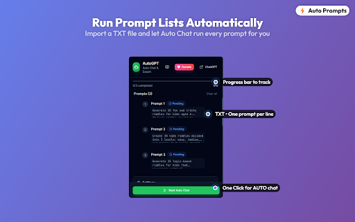 Auto Chat & PDF Export for ChatGPT :: Automate ChatGPT with bulk prompts (CSV/TXT/JSON). Auto-send, cleanup AI responses & export to DOCX/PDF. Save hours!
