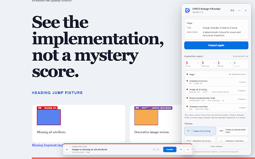 CHCZ Design Checker :: Inspect page implementation, WCAG text and icon contrast, and AI search visibility—on demand, without analytics.