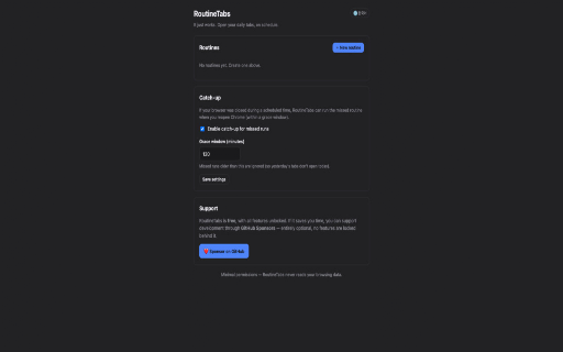 RoutineTabs :: Open your daily tab sets automatically on a weekly schedule. Reliable and DST-safe, completely free, with minimal permissions.