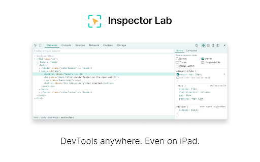 Inspector Lab - DevTools :: A movable in-page DevTools window for any browser, even iPad: DOM Inspector, Elements, Console, Network, Sources, Cookies, Storage.