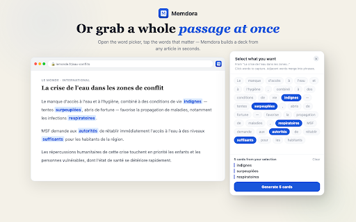 Memdora :: Turn anything you read into spaced-repetition flashcards. Highlight, hover, or paste — Memdora captures it.