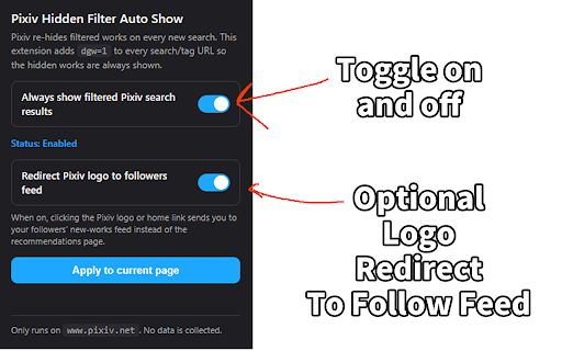 Pixiv Hidden Filter Auto Show :: Always shows works hidden by Pixiv's search filter by automatically adding dgw=1 to every search and tag URL.