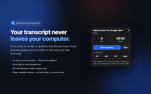 Caption Saver for Google Meet :: Turns Google Meet's live captions into a downloadable transcript (TXT/SRT/VTT/JSON). Requires Meet's CC to be turned on.