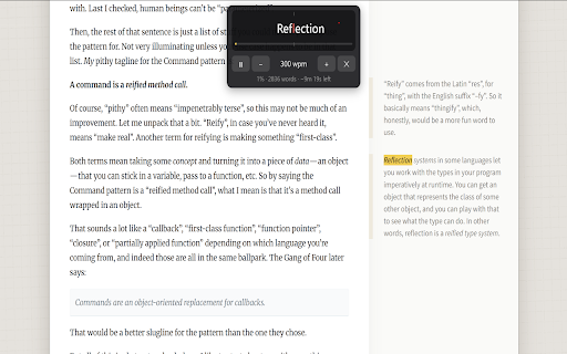 Word Reader :: pick a word on any page and the extension walks the text word by word, highlighting each one at the WPM you set.