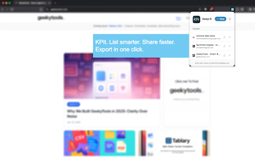 Keep It :: Quickly save and organize web pages using a simple floating prompt. Clean, minimal interface for managing saved links.
