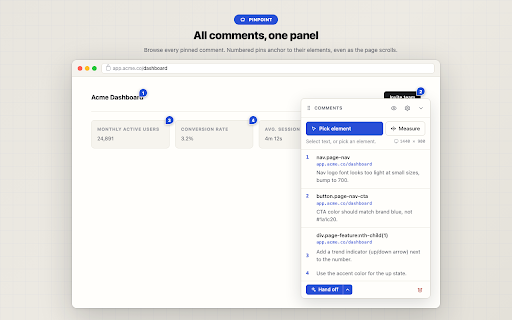 Pinpoint :: Point at any element on your live site, comment, and hand off agent-ready tasks — nothing leaves your machine.
