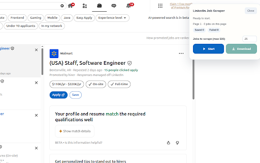 LinkedIn Job Scraper :: Run the extension on a LinkedIn Jobs search-results page to collect the current results set page by page and download one local…