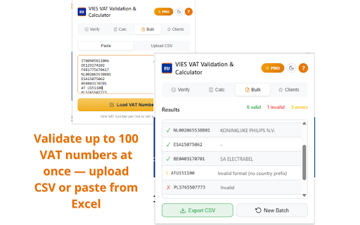 VIES VAT Validator - EU VAT Number Checker :: Verify EU, Swiss & Norwegian VAT numbers via official VIES. Bulk validation, PDF certificates, VAT calculator, dark mode.