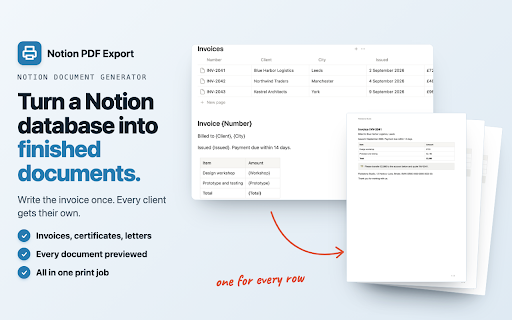 Notion PDF Export - Print and save Notion pages as PDF :: Export Notion pages to clean PDFs and generate invoices from a database. Real text, correct page breaks, no watermark.